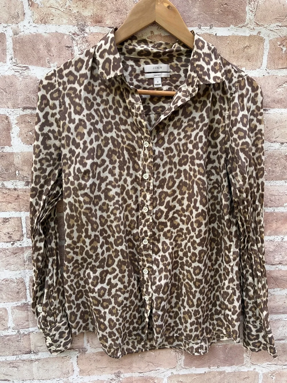 J. Crew size 4 silk blend Leopard Print Button-Down Shirt Brown & Cream